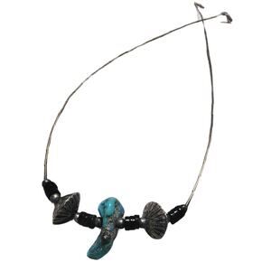 1970s Sterling Silver Liquid Beads Black & Turquoise Stone Necklace